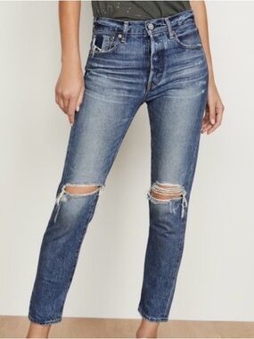 Moussy Distressed Straight-Leg Jeans in Medium Blue